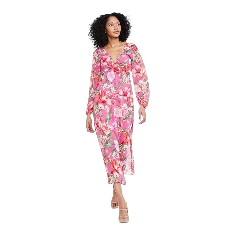Sienna Women Dress Floral Print Cutout O-Ring Midi Long Sleeve Pink Multi 10